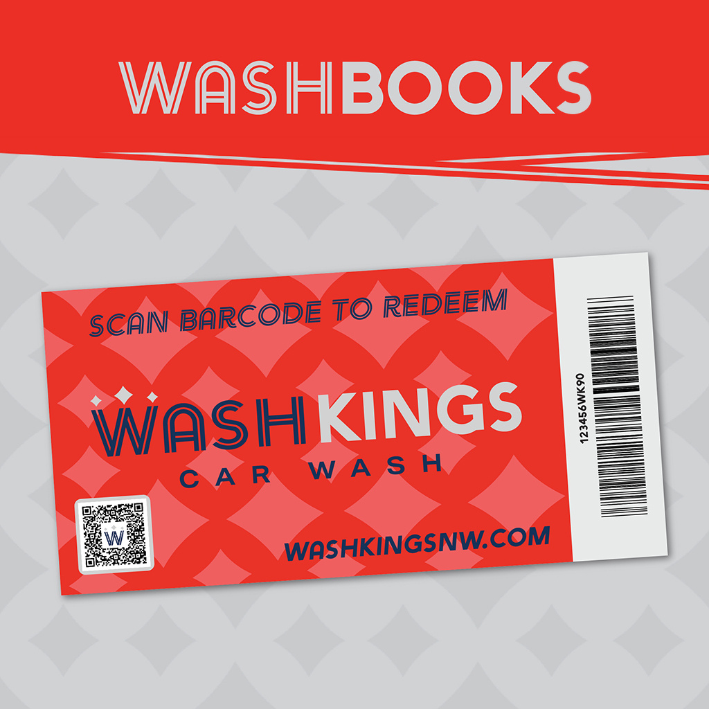 Wash Kings Wash Books, prepaid car wash bundles with a scan to redeem barcode